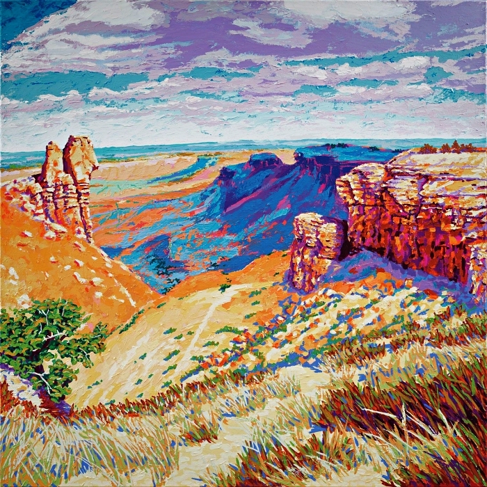 peindre un paysage à l'acrylique facile, peinture moderne à l'acrylique, paysage naturel colline rocheuse