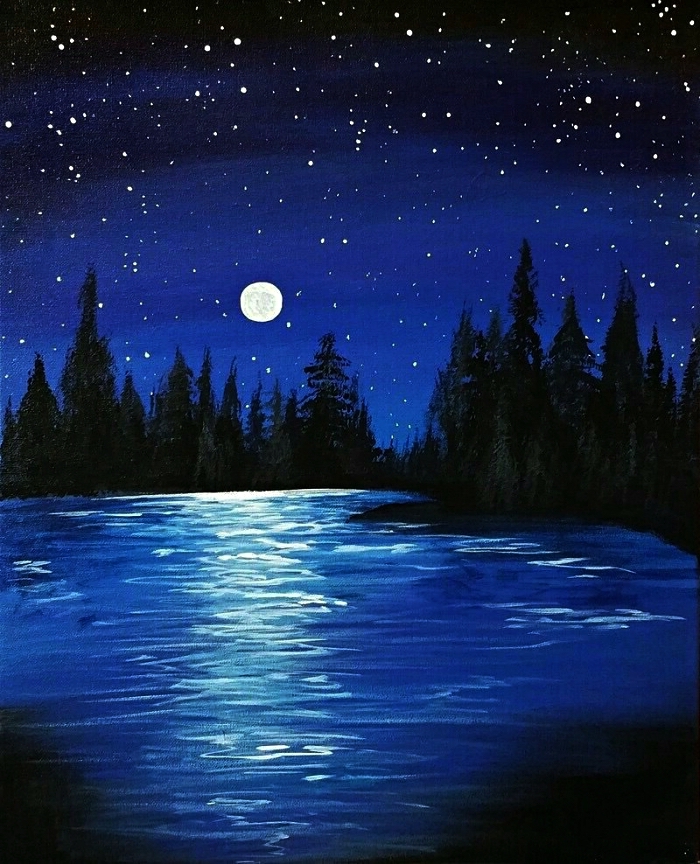 paysage nocturne reflets de la pleine lune sur l'eau réalisé à l'acrylique, apprendre a peindre un paysage acrylique