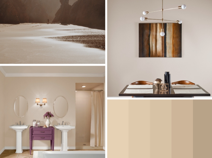 association couleur beige dans la déco, salle de bain aux murs beige avec plafond blanc, décoration pièce en couleurs neutres