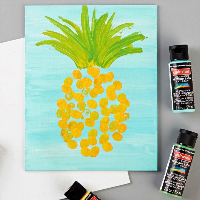 peindre à l'acrylique avec les doigts pour réaliser un joli ananas sur toile, peinture ananas sur toile