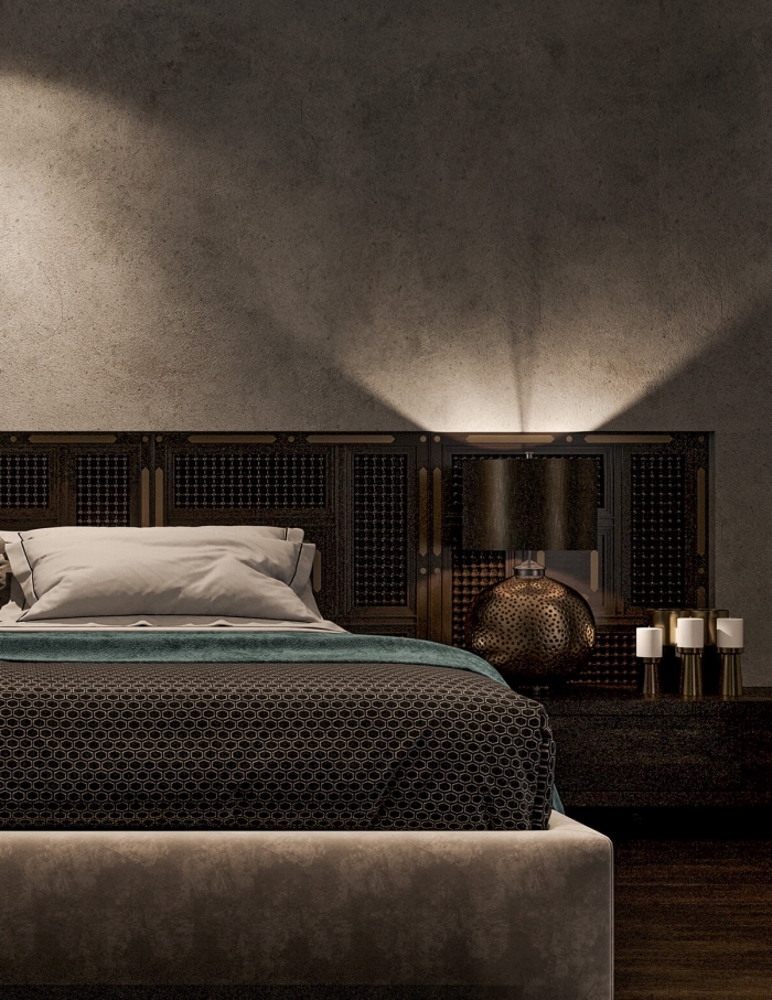 quelles couleurs pour une chambre à coucher élégante et moderne, deco tete de lit oriental en bois avec éclairage intégré