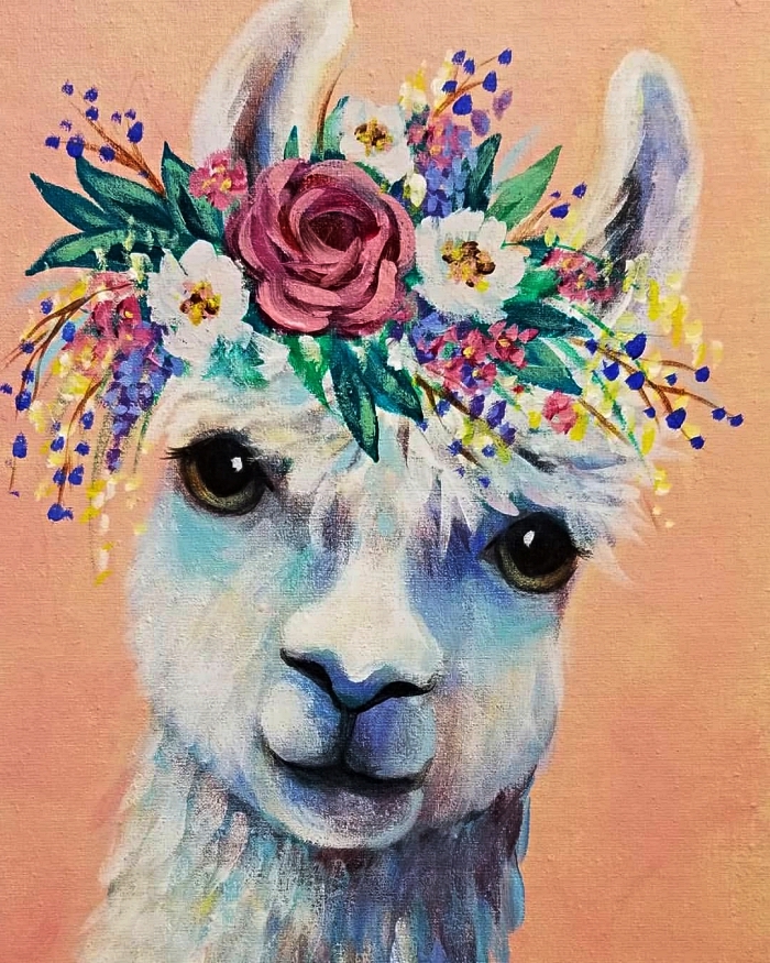 tableau facile à peindre à l'acrylique, tableau lama avec couronne de fleurs sur fond rose réalisé à l'acrylique