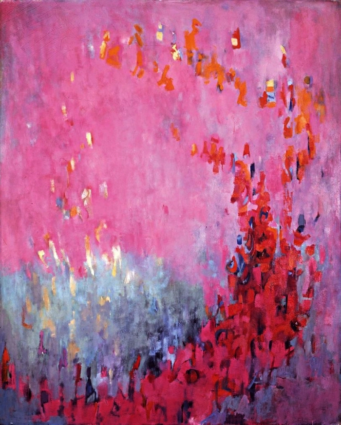 tableau contemporain abstrait en rose, rouge et bleu réalisé à l'acrylique, tableau abstrait sur toile