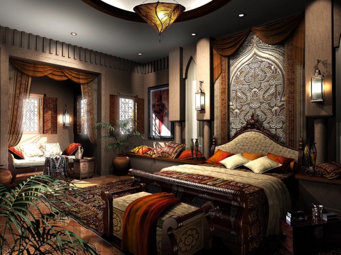 design intérieur tendance pièce sombre aux murs taupe avec plafond suspendu blanc et noir, modèle tete de lit design oriental
