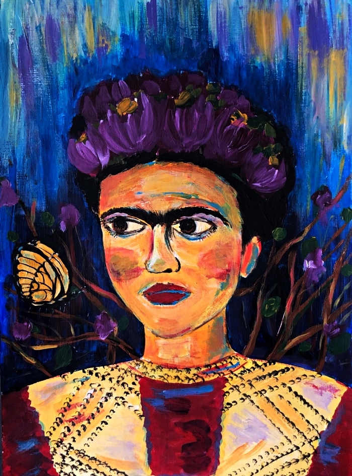 portrait de frida kahlo à l'acrylique, peinture artistique portrait multicolore à l'acrylique de frida kahlo