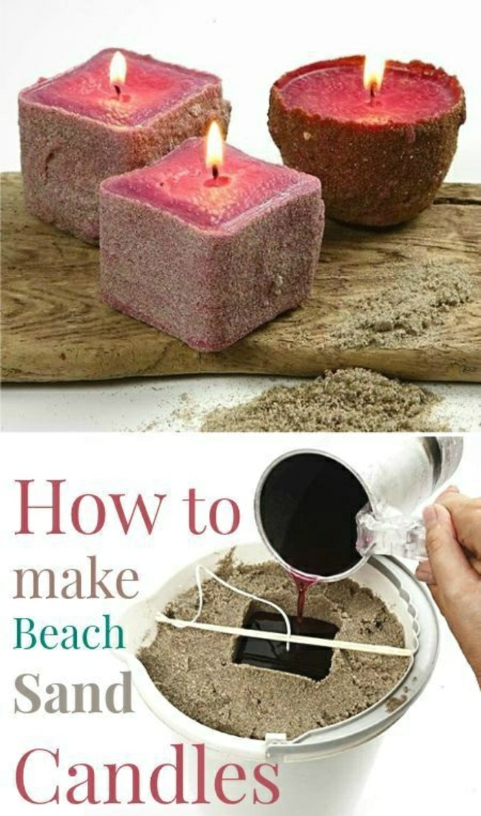 comment fabriquer une bougie avec cire fondue colorée et sable, modèle bougie rouge fait maison avec sable