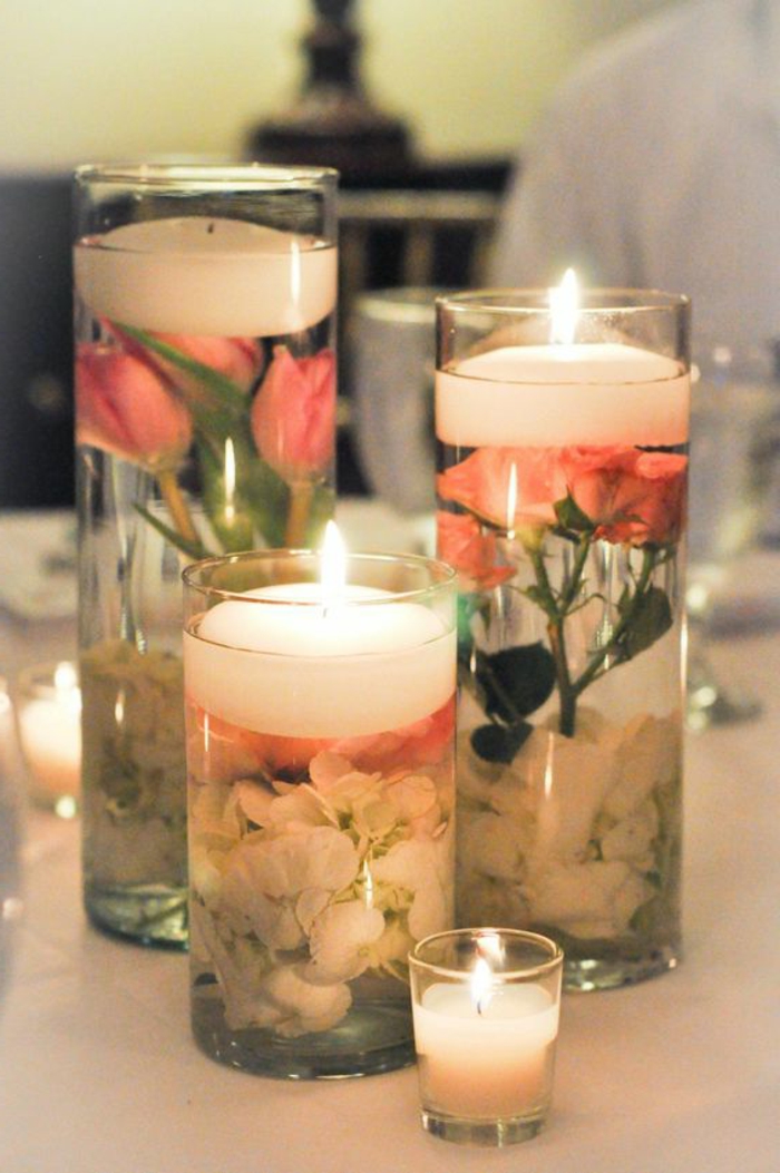 modèles de bougies gel en formes variées décorées avec fleurs, contenant en verre rempli de gel bougie et pétales