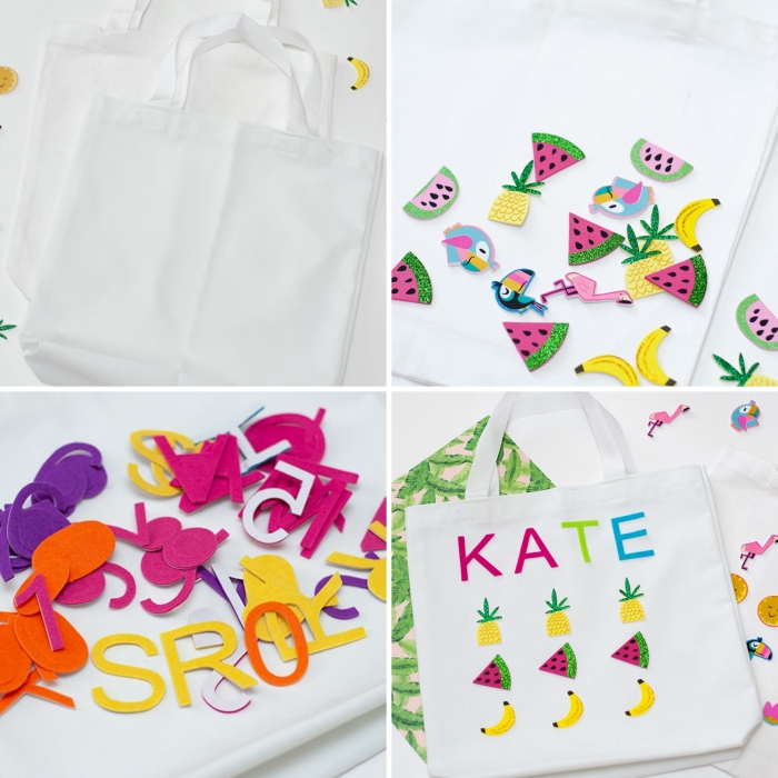 idée comment décorer un tote bag avec autocollants, idée d'activité manuelle facile pour enfants, sac à main blanc décoré avec stickers été