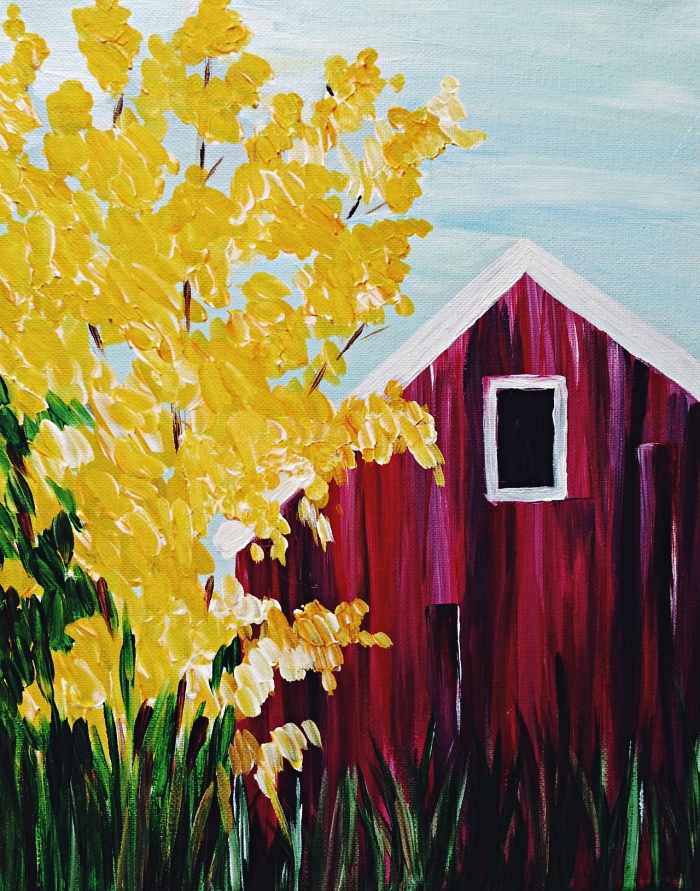 tableau peinture facile pour débuter l'acrylique, tableau peinture maison et arbre paysage d'automne