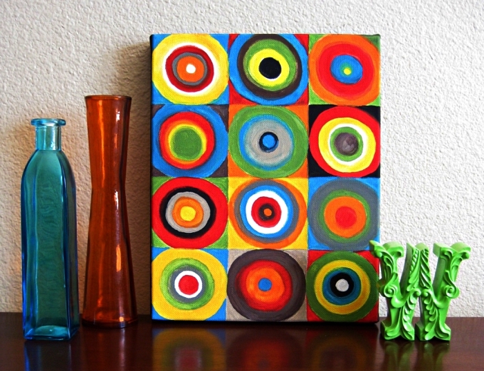 peinture moderne sur toile aux formes géométriques multicolore, idée de tableau à l'acrylique sur toile à réaliser soi même