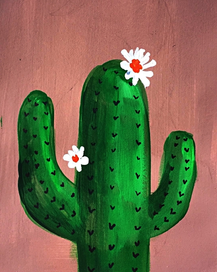 tableau peinture cactus fleuri sur fond rose réalisé à l'acrylique, idée de tableau acrylique facile pour débutants
