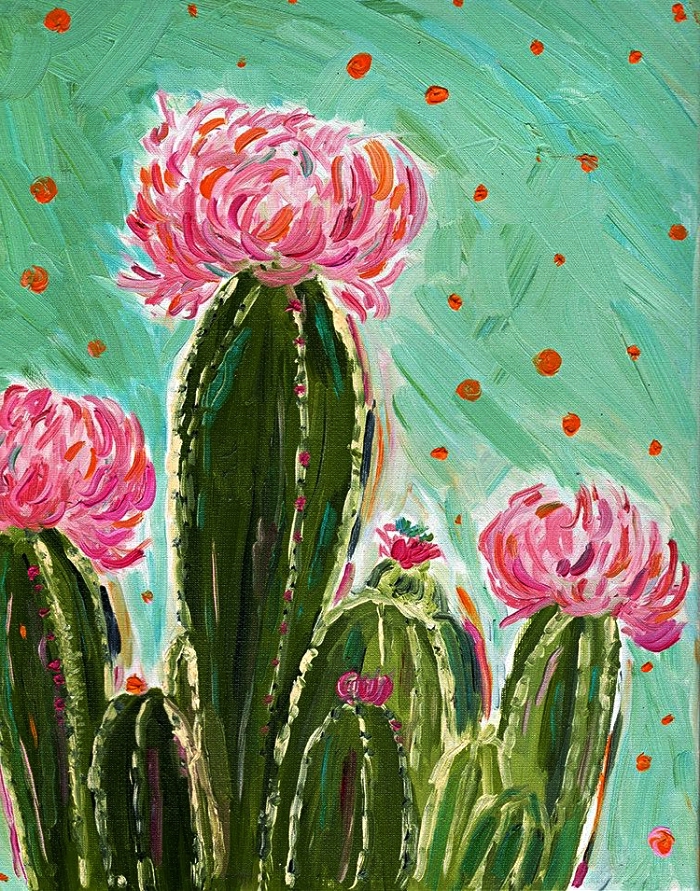 peinture artistique cactus fleuris sur fond vert réalisée à l'acrylique, tableau à l'acrylique facile à réaliser pour débutants