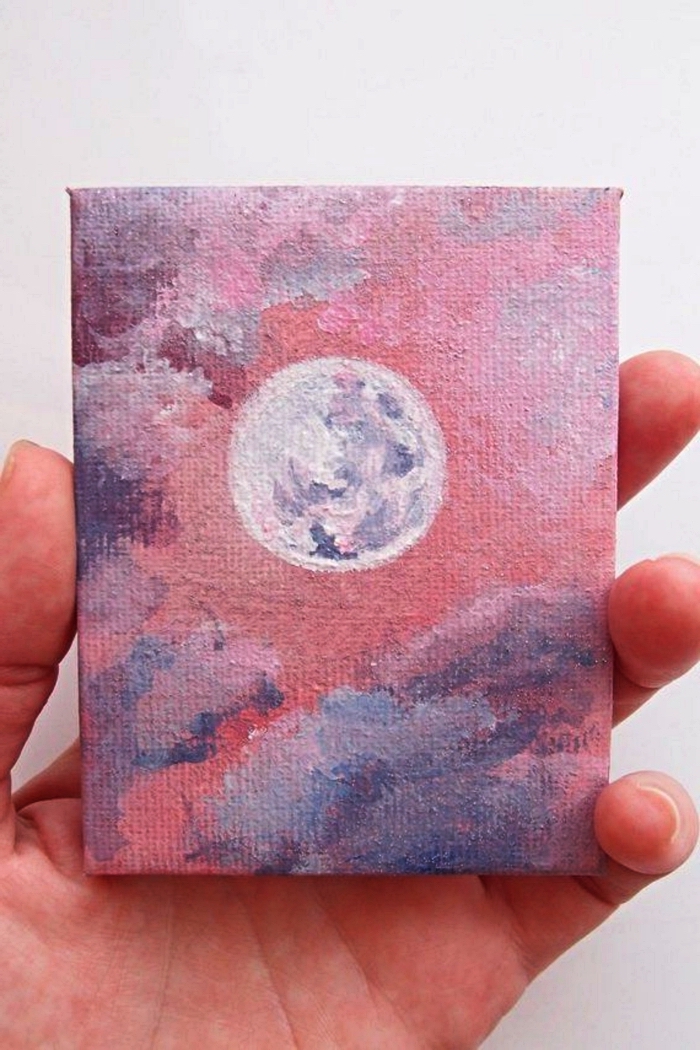 mini-tableau peinture à l'acrylique sur toile, peinture pleine lune sur fond de ciel rose-violet 