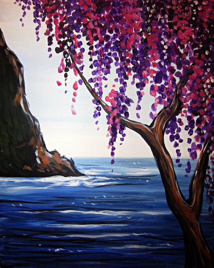 idée de tableau acrylique facile pour débutants, peindre un paysage à l'acrylique, peinture arbre en bord de la mer à l'acrylique