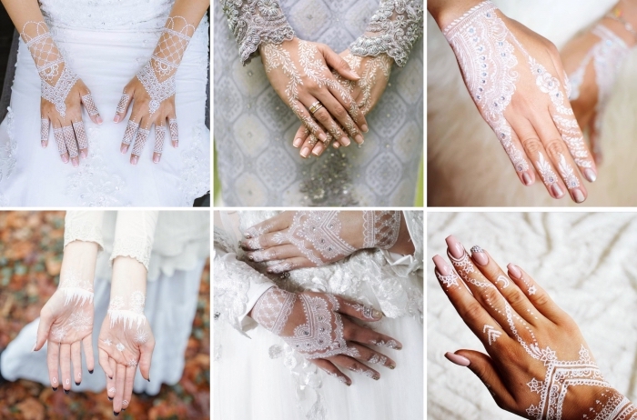 modele henné dentelle pour mariée, exemple de décoration aux motifs floraux pour main et doigts, tattoo effet gants dentelle