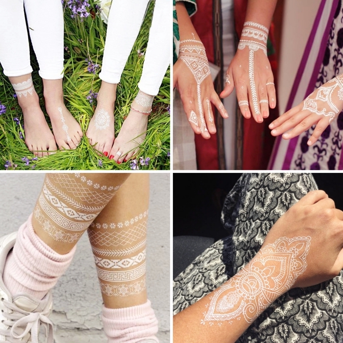 photo de henné à effet bijoux pour mains et pieds, exemple de tatouage temporaire aux motifs mandala blanc sur la main