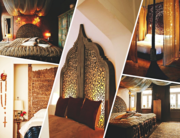 modèles de tete de lit bois de style oriental, décoration chambre à coucher romantique avec lit king size et tête de lit originale