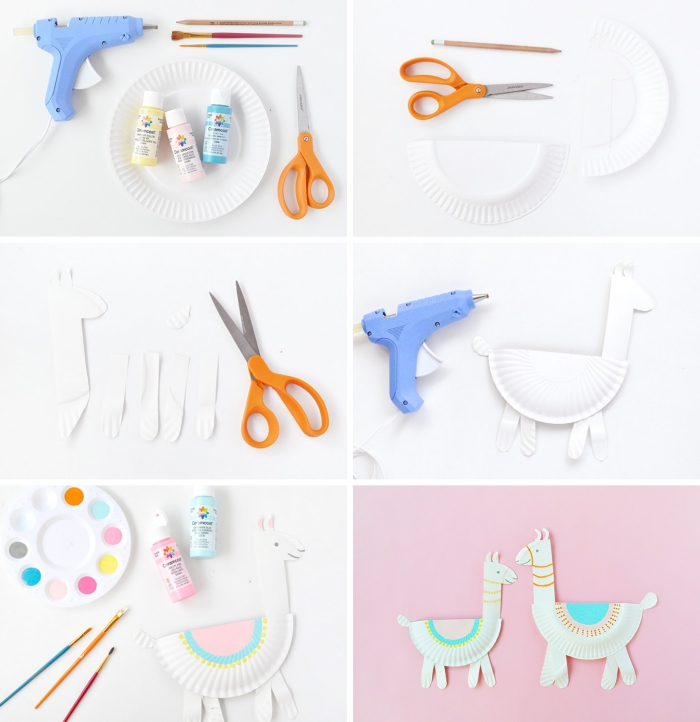 art papier facile, fabriquer des figurines animalières en papier, activité manuelle enfant, diy alpaca en assiette papier
