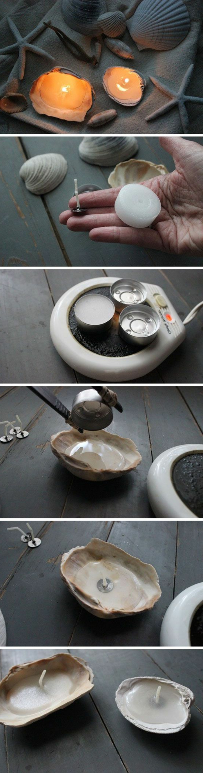 activité manuelle avec coquillage, pas à pas creation bougie facile, diy bougie dans coquillage rempli de cire fondue