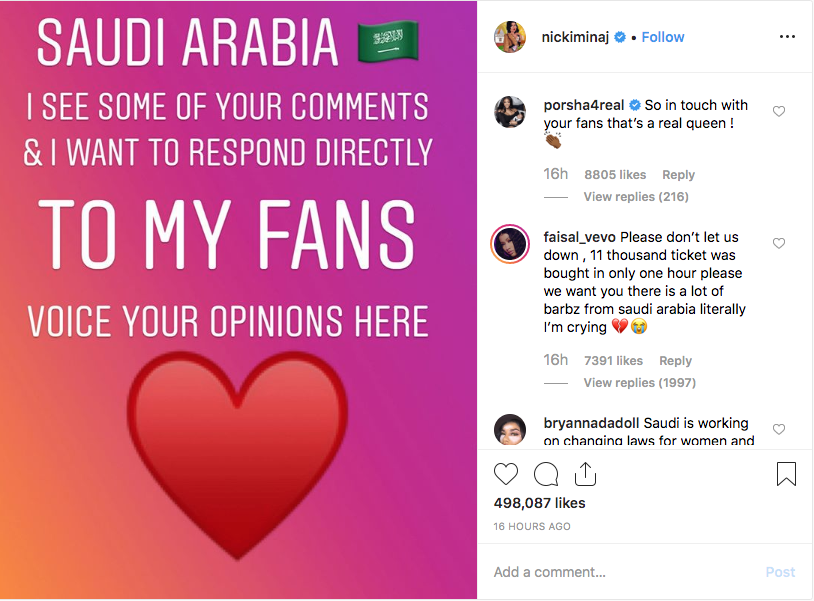Capture d'écran du compte Instagram de Nicki Minaj, qui a sondé ses fans sur la question de son refus de se rendre en Arabie Saoudite pour le festival de Djeddah, Jeddah World Fest