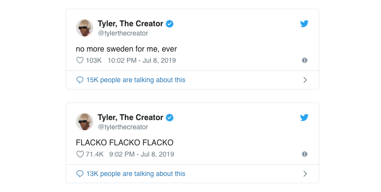 capture écran compte Twitter Tyler, The Creator officiel qui écrit ne plus vouloir se rendre en Suède