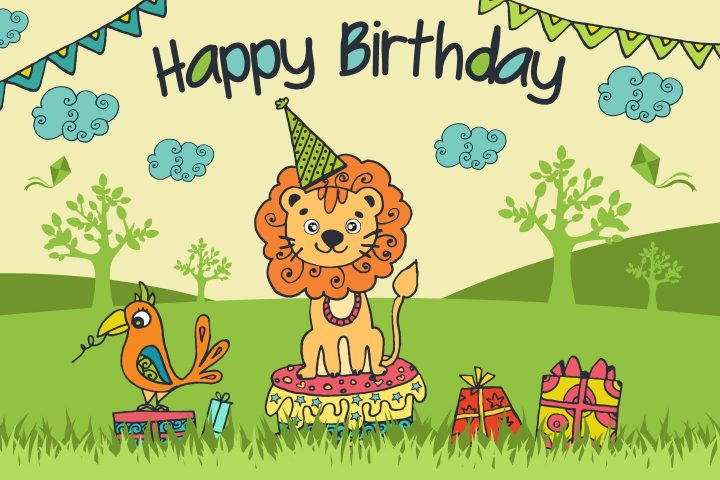 Lion adorable dans un jardin vert, dessin de lion et d'oiseau cadeaux en boites, dessin coloré pour anniversaire, dessin d'anniversaire
