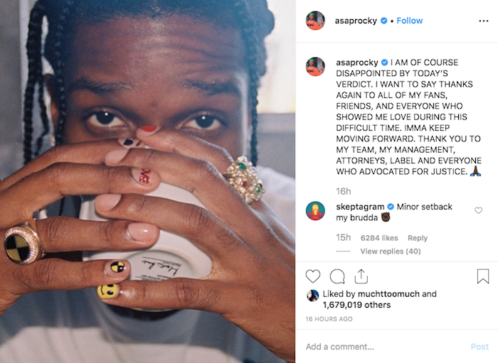 après sa condamnation, A$AP Rocky s'est exprimé sur instagram et s'est dit déçu du verdict