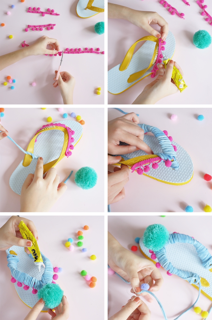 idée créative été, personnalises ses chaussures, exemple comment décorer ses tongs avec mini bordure en pompons