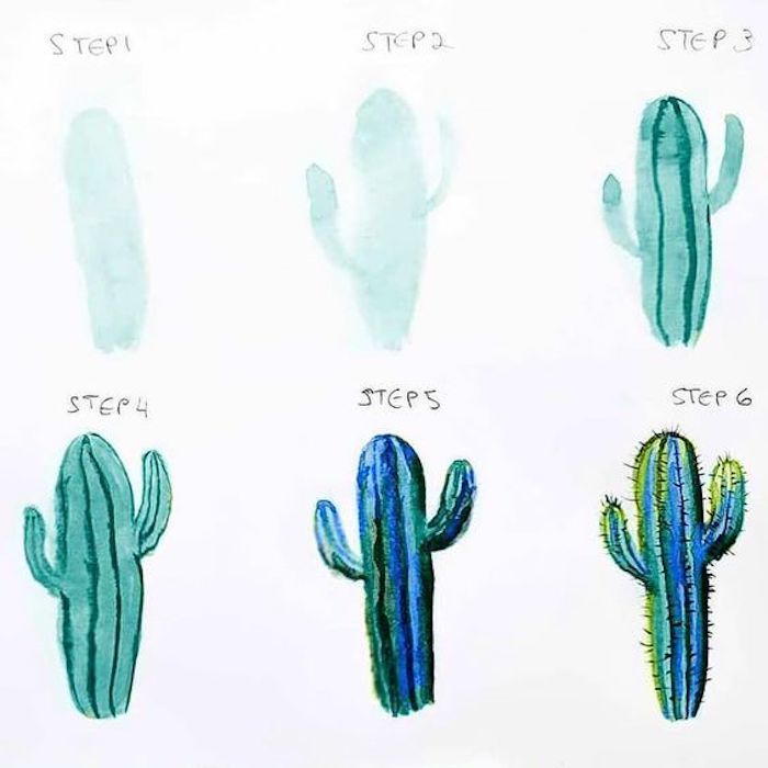 Cactus vert peinture à l'aquarelle, apprendre a dessiner etape par etape, modèle à dessiner en 6 pas