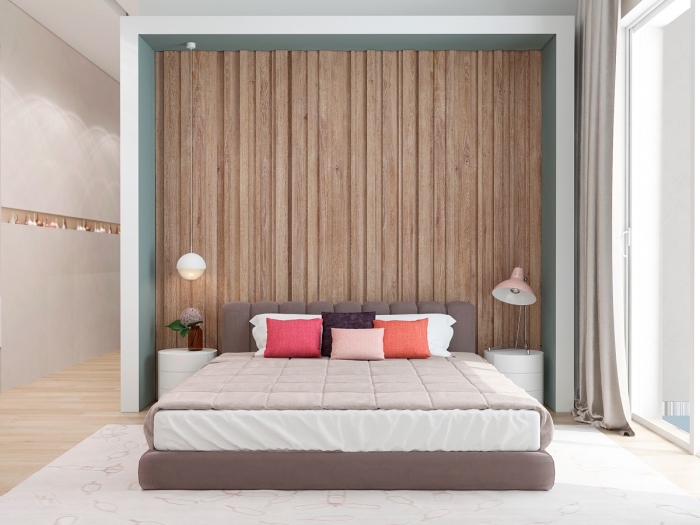 exemple comment habiller un mur dans chambre adulte, pièce aux murs gris clair avec bordure bois et parquet bois stratifié