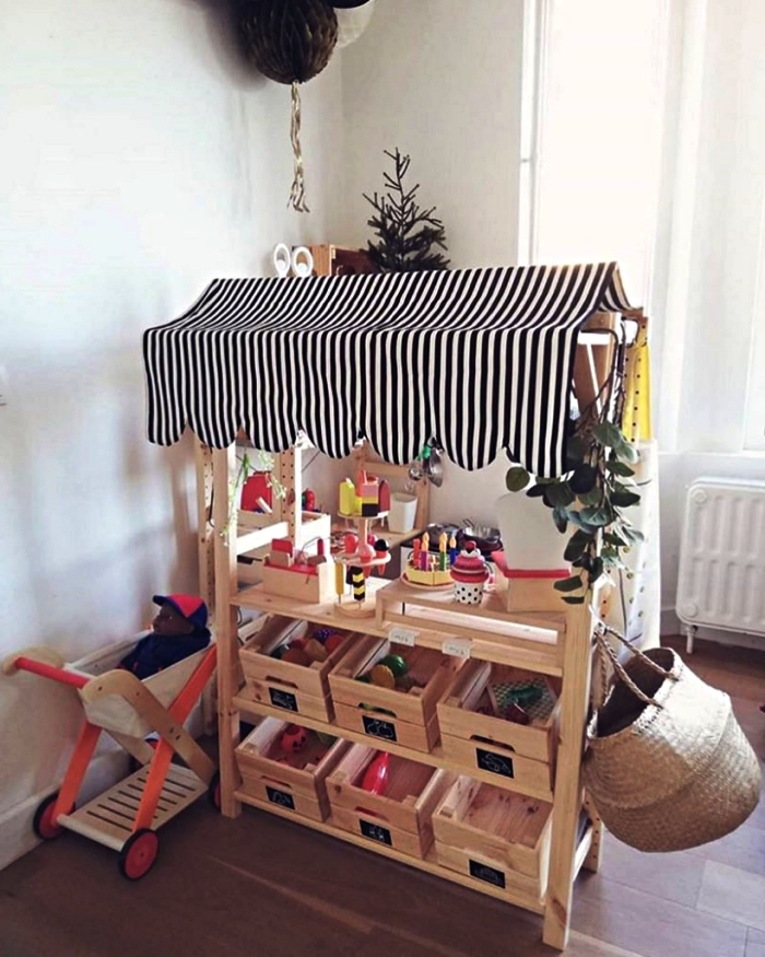 bidouilles ikea boite rangement knagglig, fabriquer un stand de marché pour enfant avec des caisses en bois