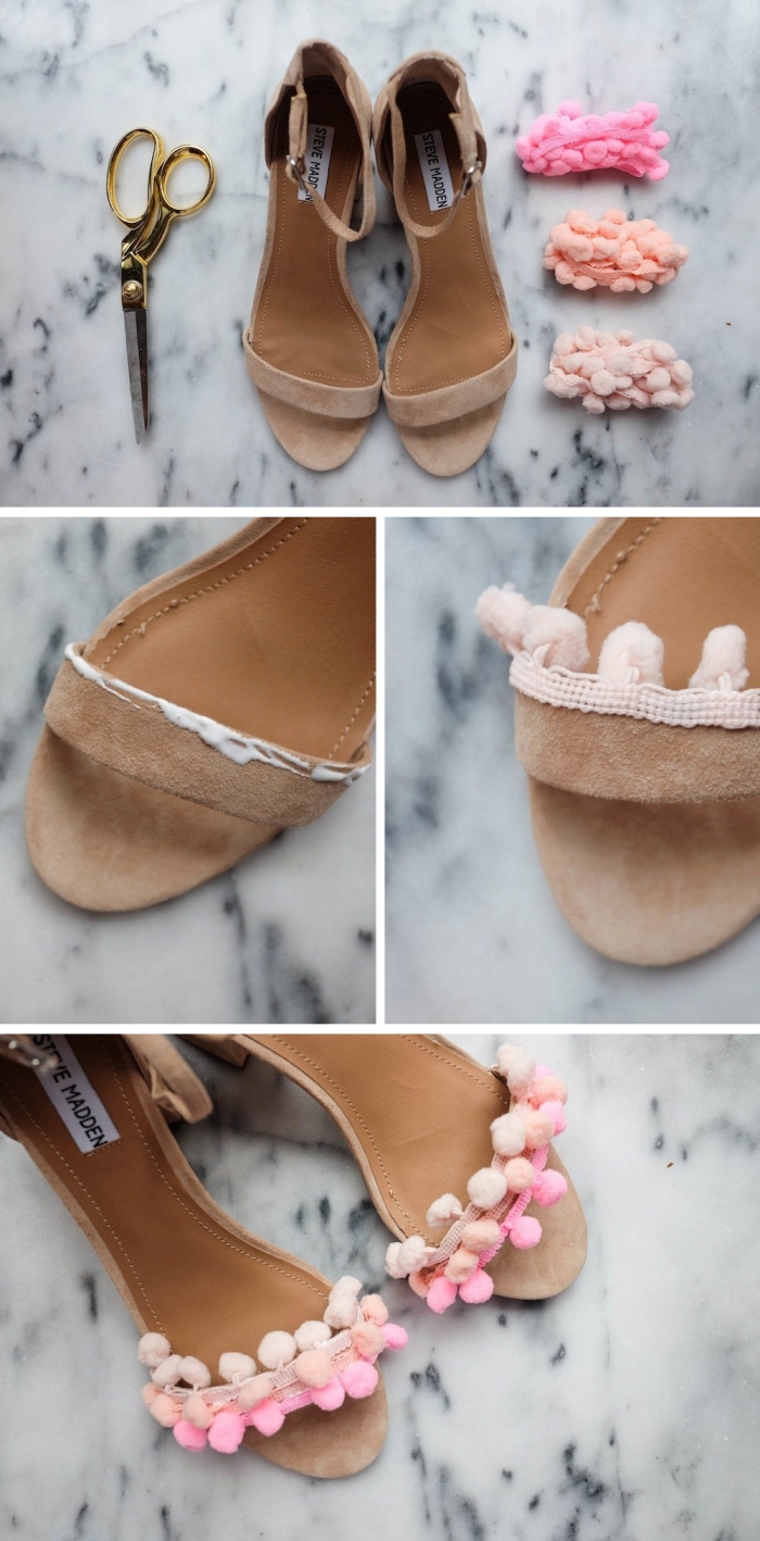activité créative, comment décorer ses sandales avec mini bordure à pompons, paire de chaussures personnalisées