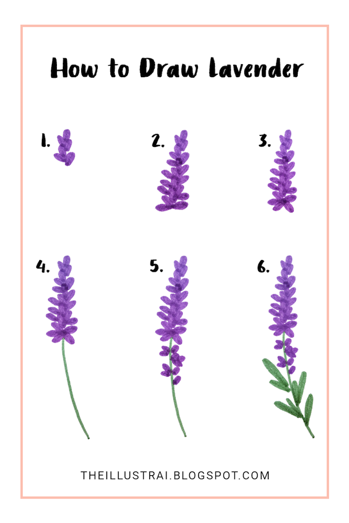 Dessin lavande par étapes, feutre violet et feutre vert, comment créer un dessin de fleur simple beau dessin facile, apprendre a dessiner facilement
