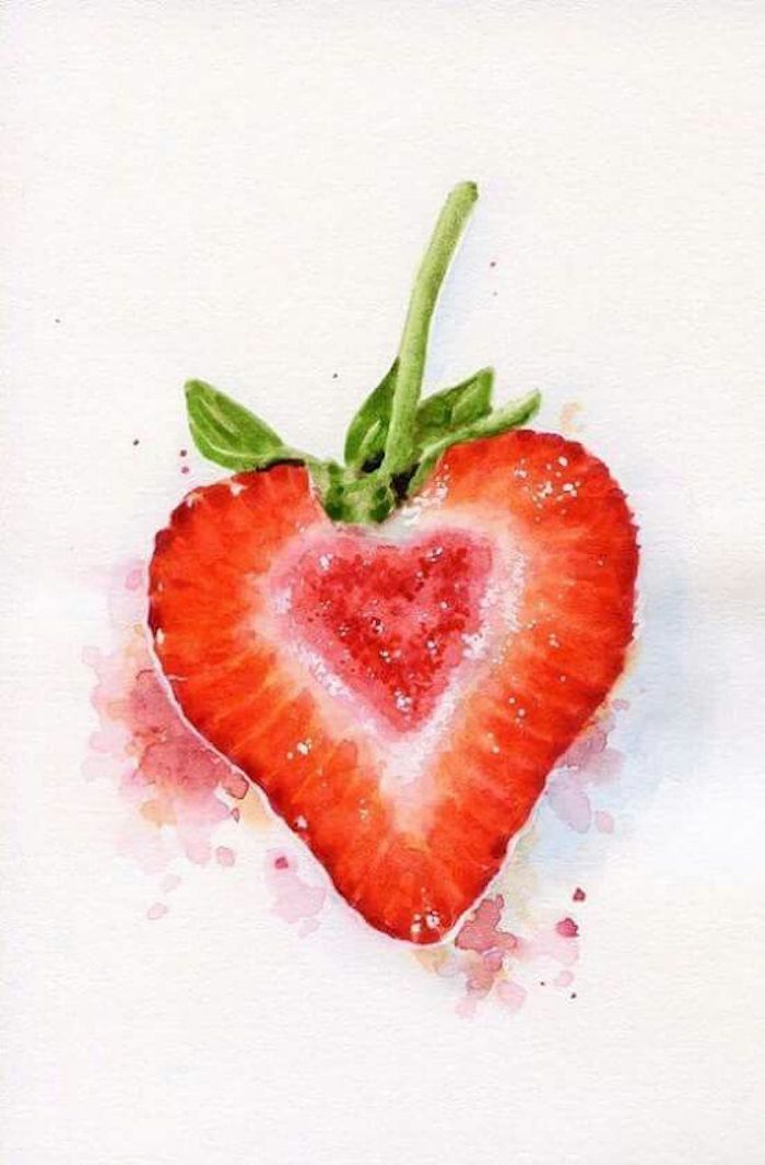 Fraise coeur dessin original à l'aquarelle, comment bien dessiner une fraise, dessins à reproduire facilement