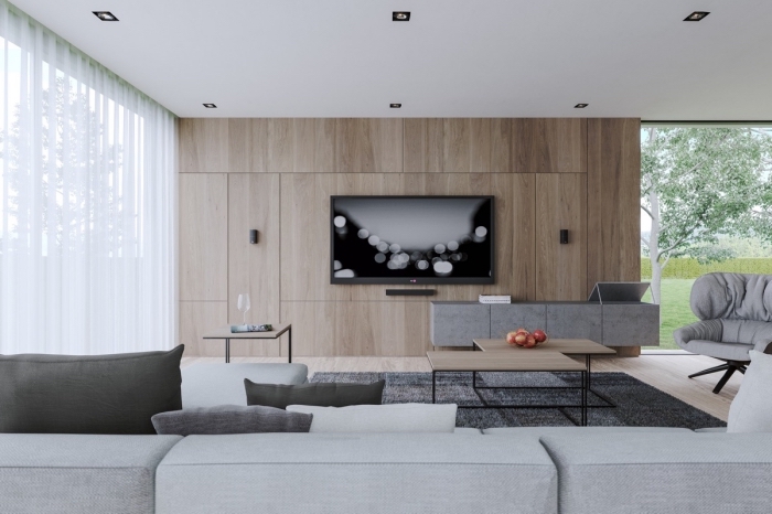exemple de lambris bois large, design salon moderne en blanc et gris avec accents bois, modèle canapé salon moderne
