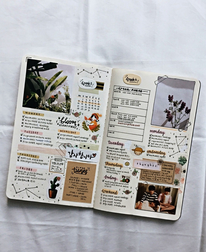 deco bullet journal avec stickers, illustrations découpées et de petits dessins