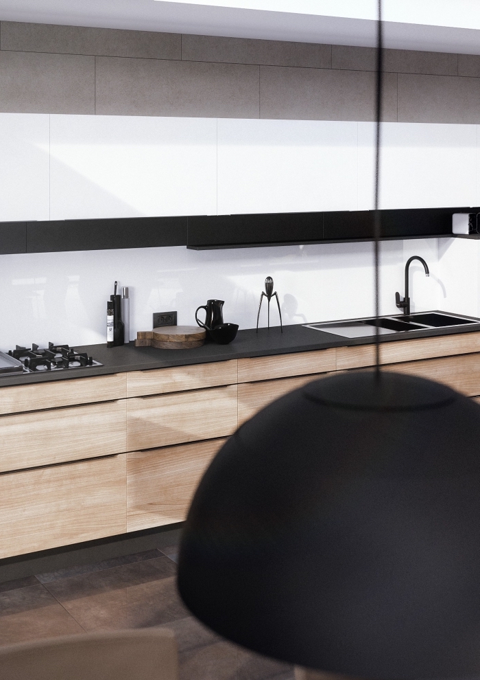 décoration de cuisine blanc et bois avec plan de travail noir, idée agencement cuisine moderne en longueur