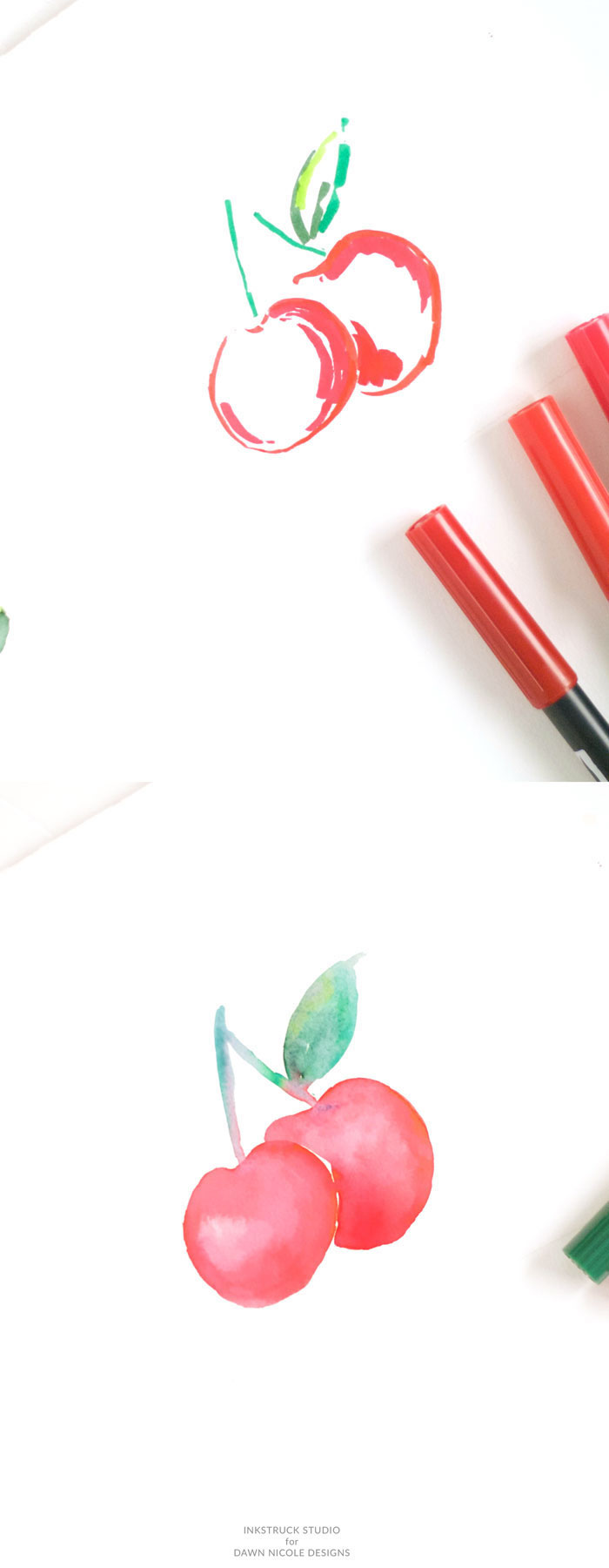 Comment dessiner une cerise avec feutres rouges et verts, faire un effet à l'aquarelle, comment dessiner des dessin, dessins à reproduire