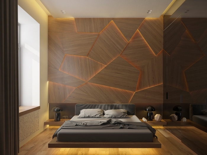idée panneau mural décoratif pour chambre adulte, décoration pièce moderne aux murs beige avec pan de mur bois