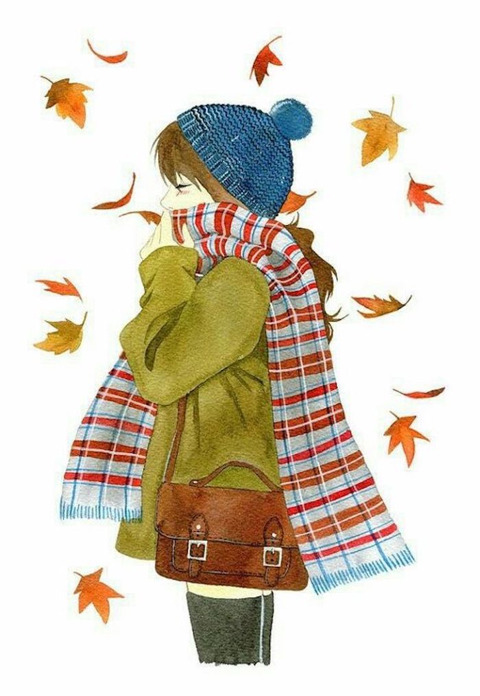 Fille habillée bien pour l'automne dessin aquarelle, comment copier intelligemment un dessin, feuilles d'automne, écharpe carrée