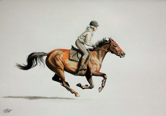 Jockey et son cheval en galope, dessin au crayons colorés, dessin réaliste à faire, dessin photo-réaliste 