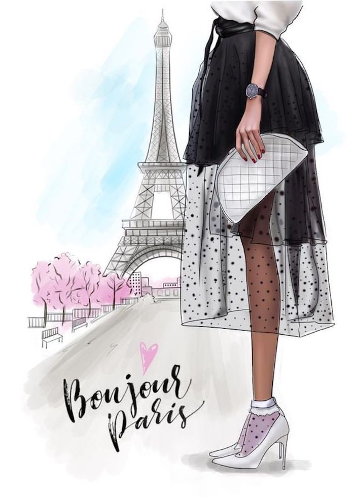 La tour Eiffel, rue avec arbres de printemps, fille tenue chic, un dessin simple à reproduire, comment dessiner des dessin