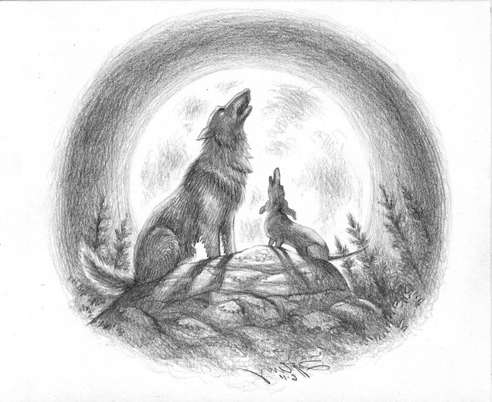 paysage nocturne macabre à dessiner, silhouettes de chien et loup hurlant au clair de la lune sur un rocher