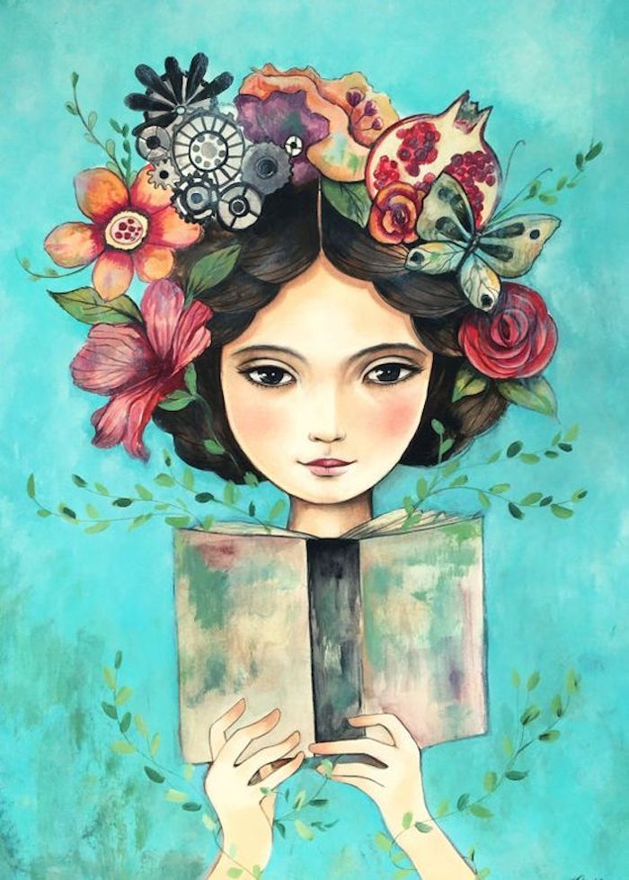 Fantastique fantaisie, fille couronne de fleurs et livre dans les mains, peinture à l'aquarelle métaphorique, lire plus de livres, dessin fille