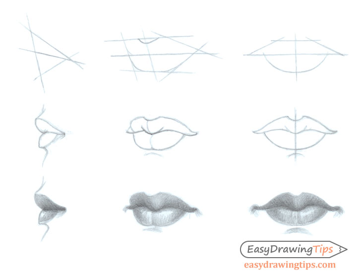 Lèvres de femme, lèvre boudeuse dessin, face et côté realiste dessin facile a reproduire par etape