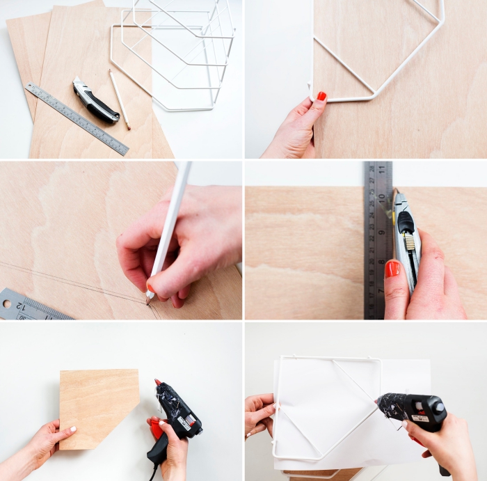 tutoriel création organiseur d'angle en fil métallique et feuilles bois, idée planche bureau pour faire un organiseur original