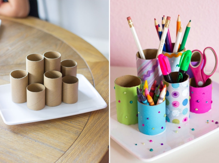 DIY pot à crayon original, tutoriel fabrication accessoire bureau avec rouleau de toilettes peintes en couleurs variées