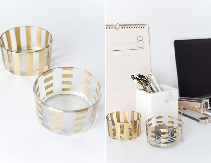 modèle de pot bureau design verre décoré avec washi tape en or, idée aménagement de bureau à domicile stylé