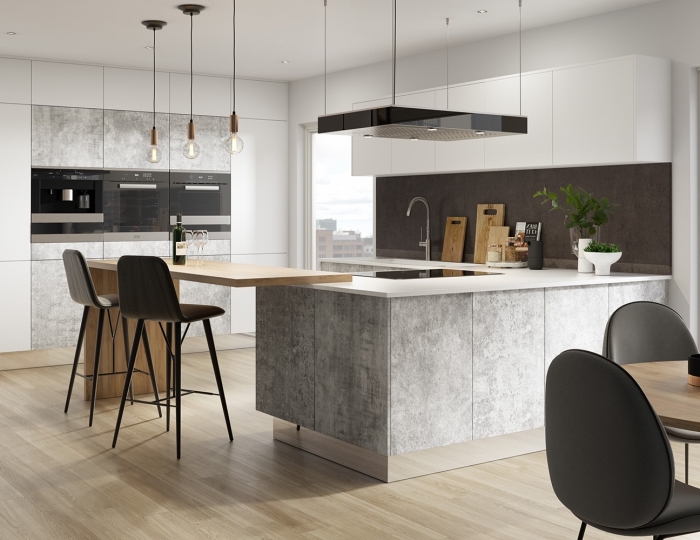 design intérieur contemporain dans une cuisine aux murs blancs et plancher bois avec accents gris anthracite