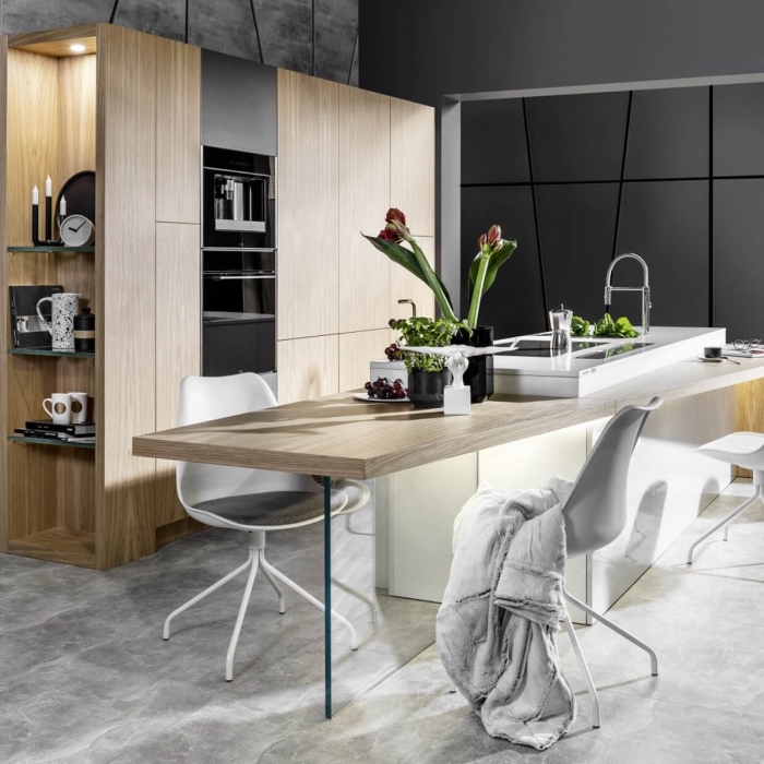 aménagement cuisine ouverte de style moderne, idée cuisine bois moderne avec îlot table à manger en blanc et bois